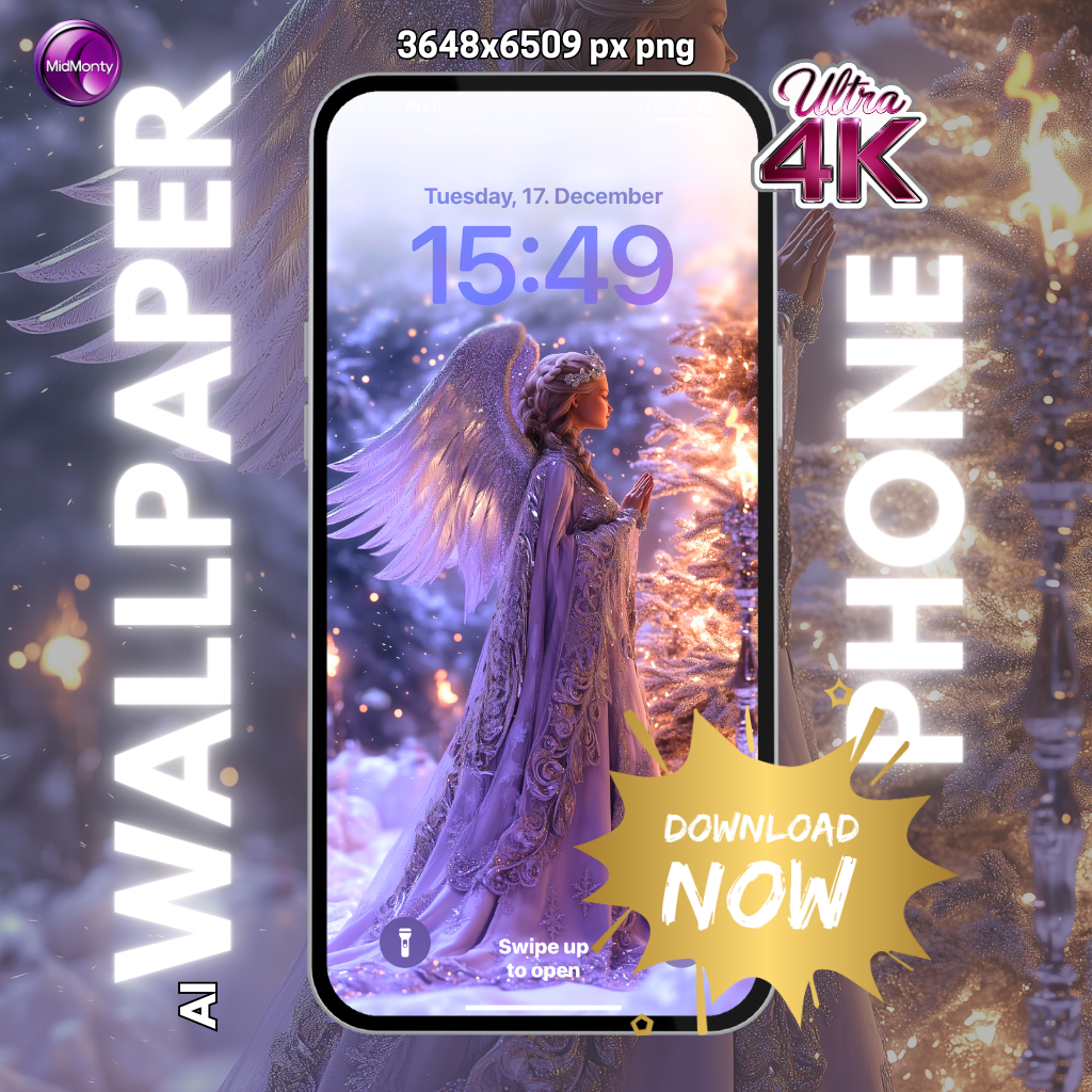 An ethereal Christmas angel in an ornate lavender purple gown with glittering wings stands in prayer amid falling snow and golden Christmas lights