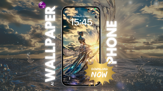 Smartphone displaying a crystalline Aphrodite figure wallpaper against a sunset ocean background. Text reads 'AI WALLPAPER PHONE' with 'DOWNLOAD NOW' on a gold starburst. Shows time 15:45 and MidMonty logo in corner.