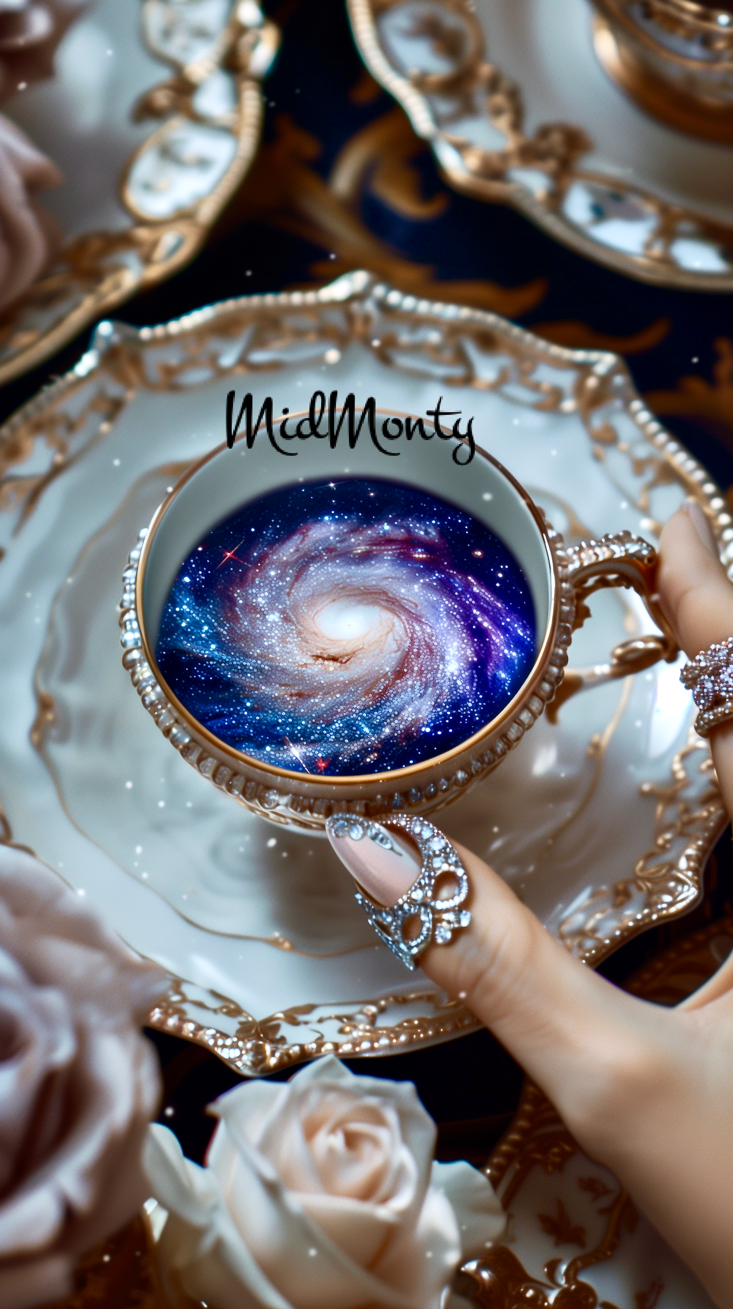 An ornate teacup containing what appears to be a spiral galaxy image, creating a surreal cosmic scene. The cup sits on a decorative white and gold saucer, accompanied by white roses. A hand wearing an intricate butterfly ring is visible holding or reaching for the cup.