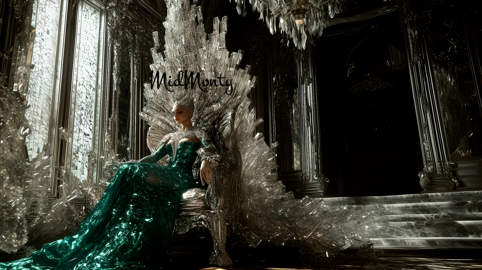 A stunning fantasy fashion photograph featuring a model in an elaborate emerald green gown with a crystalline bodice and flowing skirt that appears to glow from within. She sits on an ornate throne surrounded by dramatic crystal-like structures that fan out behind her head like a crown or halo. The setting appears to be in a gothic-style room with tall windows and intricate architectural details. The model's pose is regal and serene, with closed eyes and a peaceful expression. 