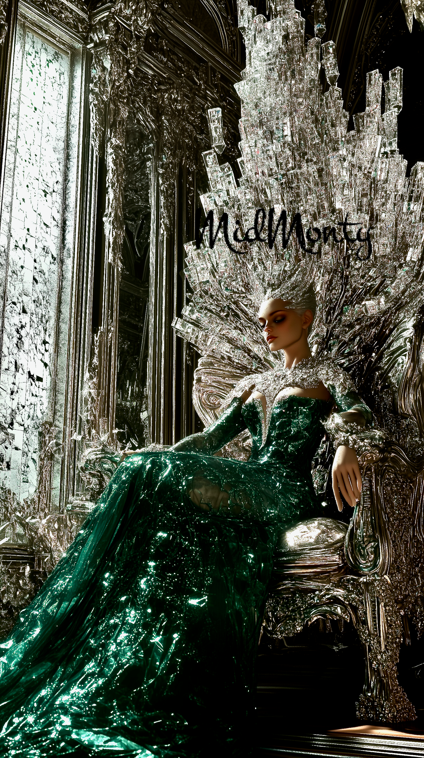 A stunning fantasy fashion photograph featuring a model in an elaborate emerald green gown with a crystalline bodice and flowing skirt that appears to glow from within. She sits on an ornate throne surrounded by dramatic crystal-like structures that fan out behind her head like a crown or halo. The setting appears to be in a gothic-style room with tall windows and intricate architectural details. The model's pose is regal and serene, with closed eyes and a peaceful expression. 