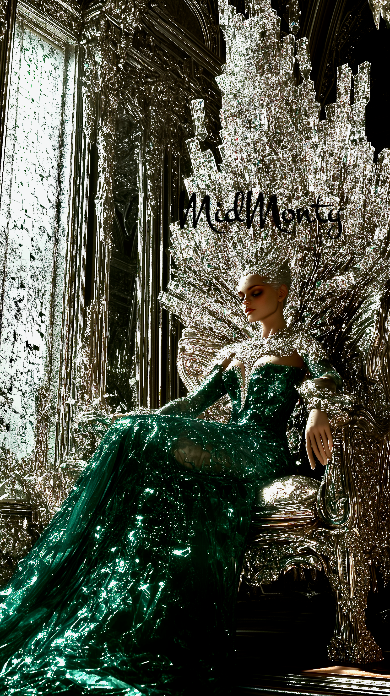 A stunning fantasy fashion photograph featuring a model in an elaborate emerald green gown with a crystalline bodice and flowing skirt that appears to glow from within. She sits on an ornate throne surrounded by dramatic crystal-like structures that fan out behind her head like a crown or halo. The setting appears to be in a gothic-style room with tall windows and intricate architectural details. The model's pose is regal and serene, with closed eyes and a peaceful expression. 