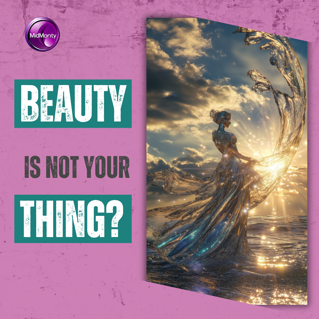 Cover design with text "BEAUTY IS NOT YOUR THING?" in teal and gray on pink background. Features crystalline figure emerging from waves in golden sunset light. MidMonty logo in corner.