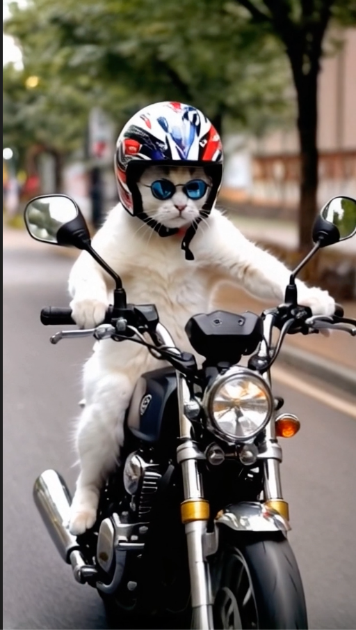 A white cat wearing sunglasses and a helmet rides a motorcycle on a street, creating a fun and humorous scene perfect for social media posts.