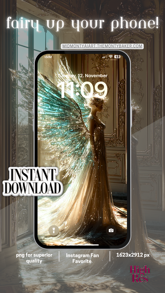 Breathtaking AI Art featuring a luminous fairy in a Victorian setting. The piece showcases crystalline wings shimmering in turquoise and gold, set against ornate architecture with morning light streaming through tall windows. Available in multiple premium formats including Ultra 4K resolution for both mobile and desktop displays, plus museum-quality print resolution. Perfect for luxury home décor, premium device wallpapers, and professional interior design projects.