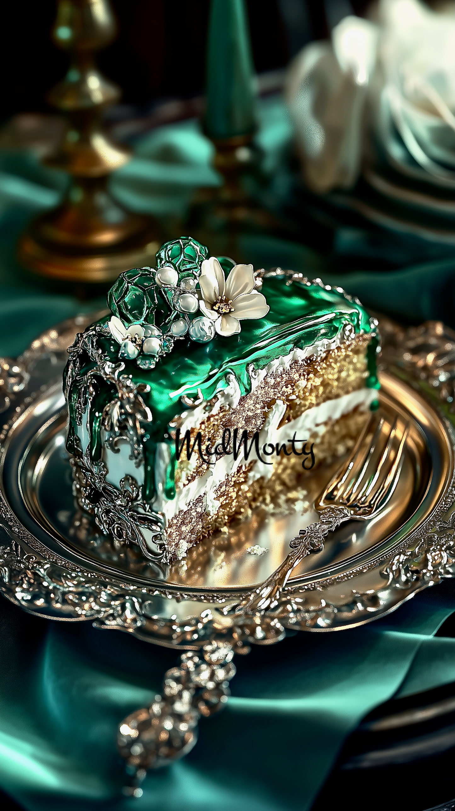 Luxurious emerald cake with intricate details on a silver plate, set against a rich green backdrop – perfect for digital decor or print, showcasing cosmic elegance and Baroque-inspired fantasy.