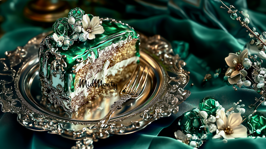 Elegant emerald cake with floral embellishments, displayed on a silver plate, ideal for digital art lovers seeking a blend of luxury and fantasy – a masterpiece of cosmic and Baroque style.