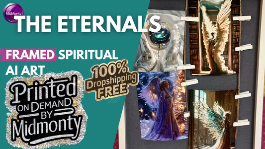 Framed spiritual AI art collection by MidMonty featuring stunning angelic and celestial designs. Includes 'Printed on Demand by MidMonty' badge and '100% Dropshipping Free' label, highlighting unique and handmade quality. Perfect for home decor and art enthusiasts