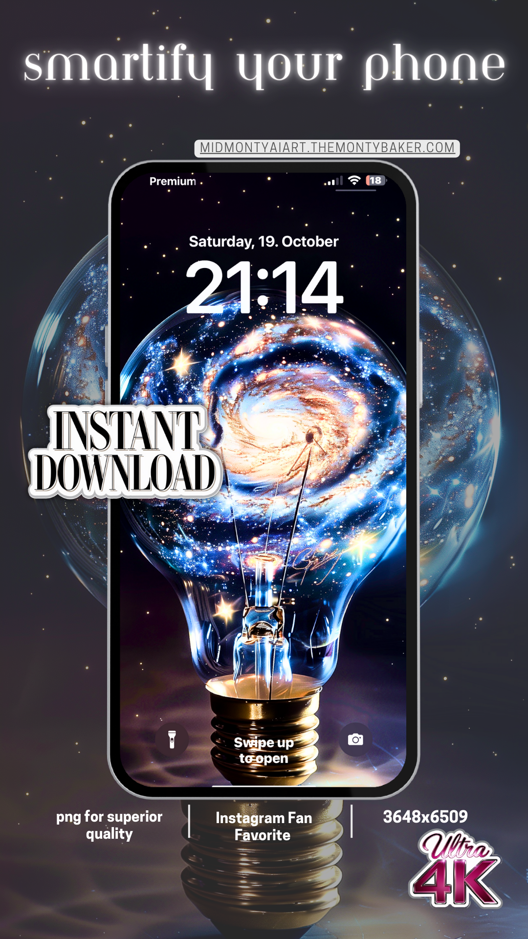 Galaxy in a lightbulb for ultra 4K mobile display, offering luxurious digital art with cosmic elegance – instant download for superior quality and Instagram fan favorite.