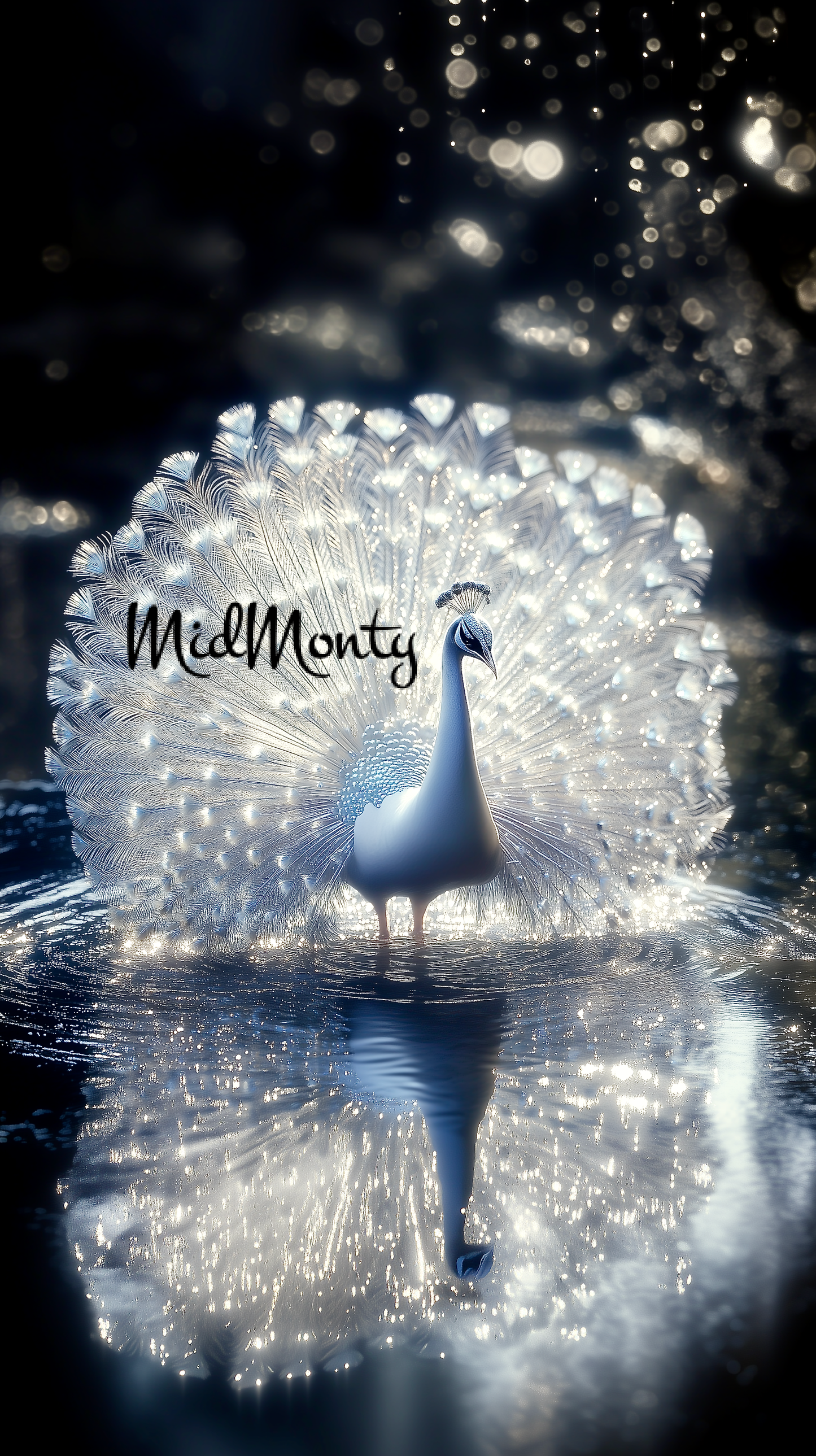 A luminescent white peacock displays its majestic plumage, creating a perfect mirror reflection on dark waters. The image captures the bird in stunning detail against a deep black background dotted with ethereal bokeh lights, creating a dreamlike atmosphere. The peacock's crystalline feathers appear to glow with an inner light, while its elegant pose and perfect symmetry through the reflection create a mesmerizing visual balance.