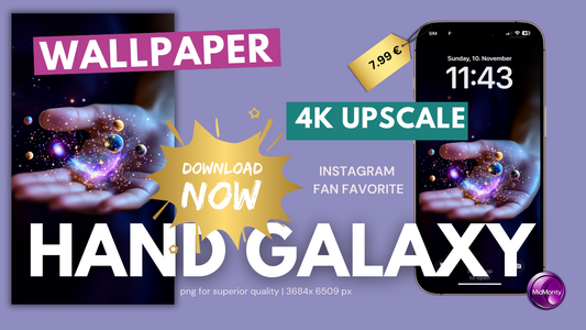 Product showcase of Hand Galaxy 4K wallpaper featuring cosmic art on phone mockup and preview image, with price tag of 7.99€ and MidMonty logo on purple background