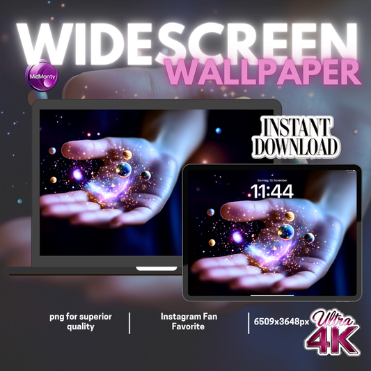 Promotional image showing Hand Galaxy wallpaper displayed on laptop and tablet screens, with 'Widescreen Wallpaper' text, MidMonty logo, and Ultra 4K quality badge on dark background