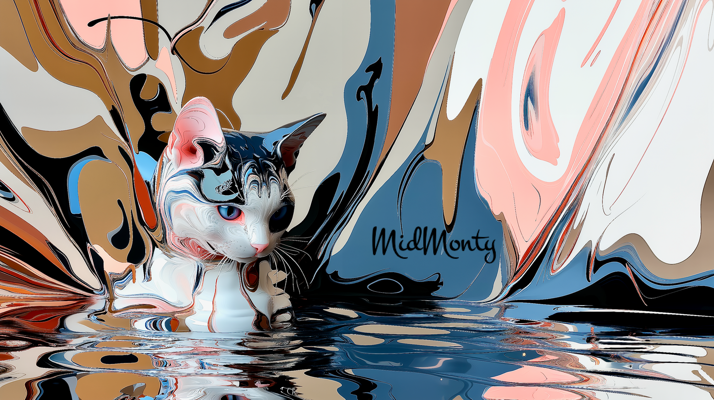 Horizontal AI cat art with 3D depth and liquid mercury effects. Perfect for Ultra HD wallpapers and modern interiors