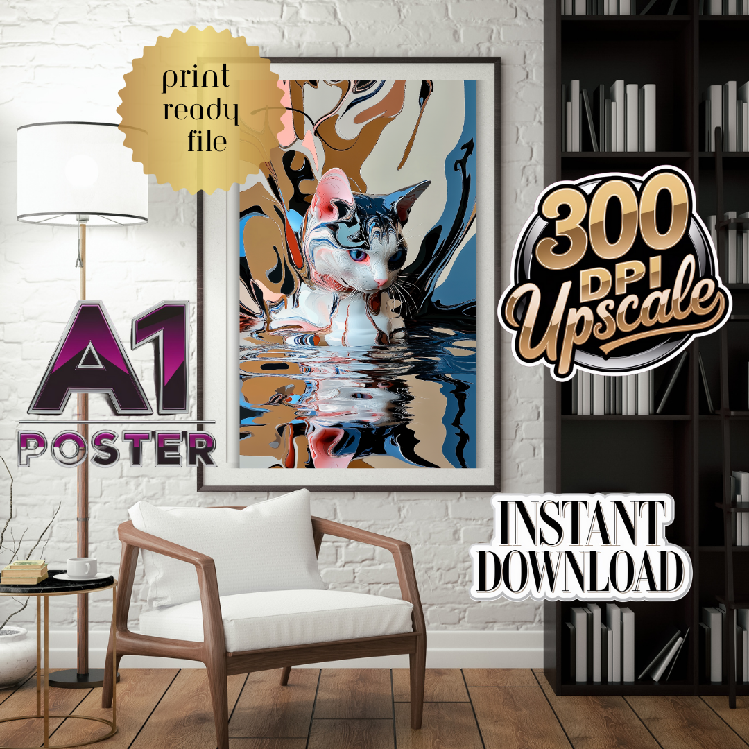 Stylish liquid mercury cat A1 poster with 300 DPI upscale, print-ready file for instant download – perfect for sophisticated interior decor, featuring premium digital art.