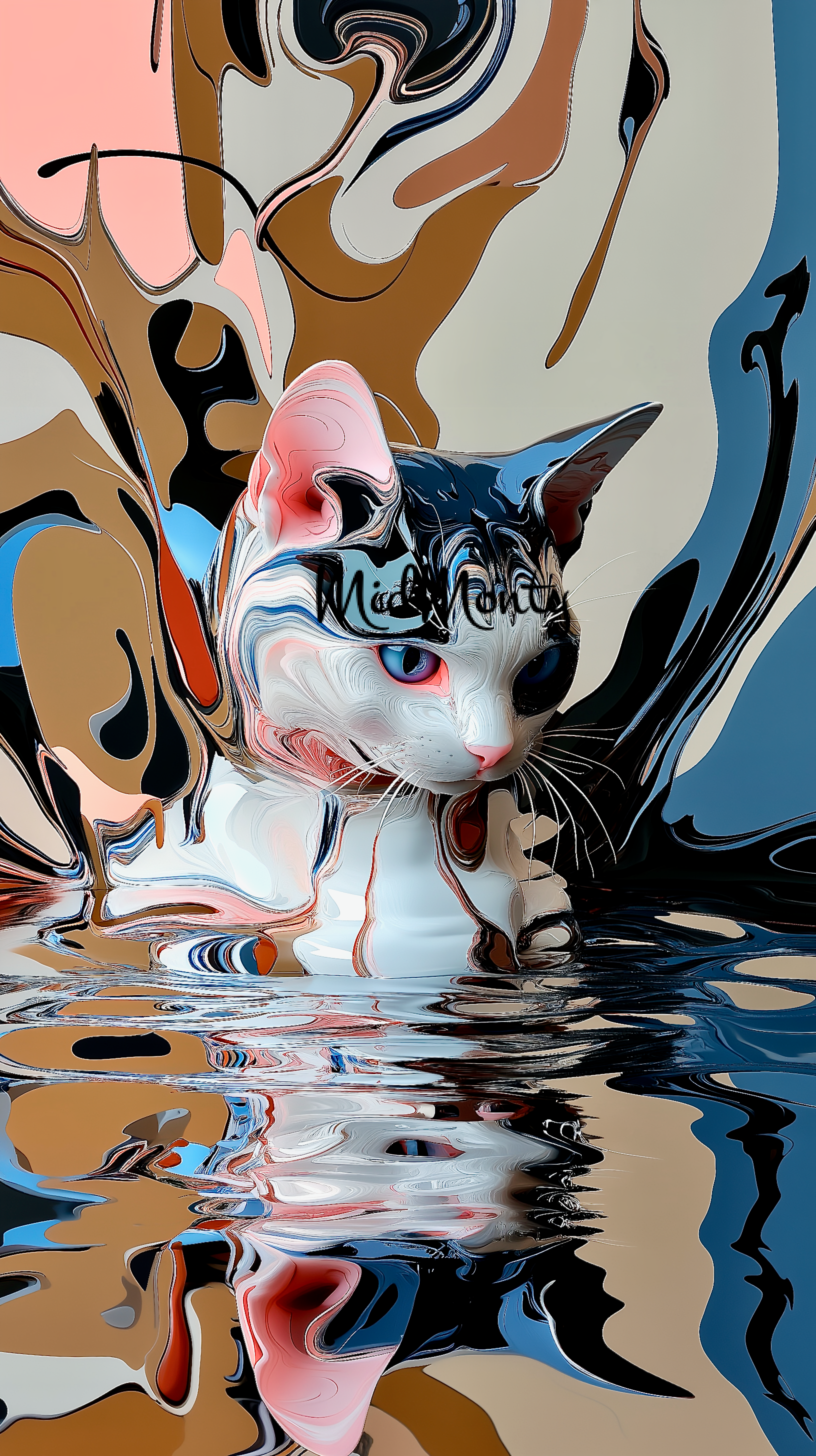 A stylized artistic portrait of a cat with heterochromatic eyes, one blue and one reddish, rendered in a liquid, flowing style with swirling colors of black, white, pink, and brown. The image appears to show the cat's reflection in water, creating a mirror effect with rippling distortions. The artwork has a dreamlike quality with its fluid, paint-like textures and abstract background elements merging into the cat's form.