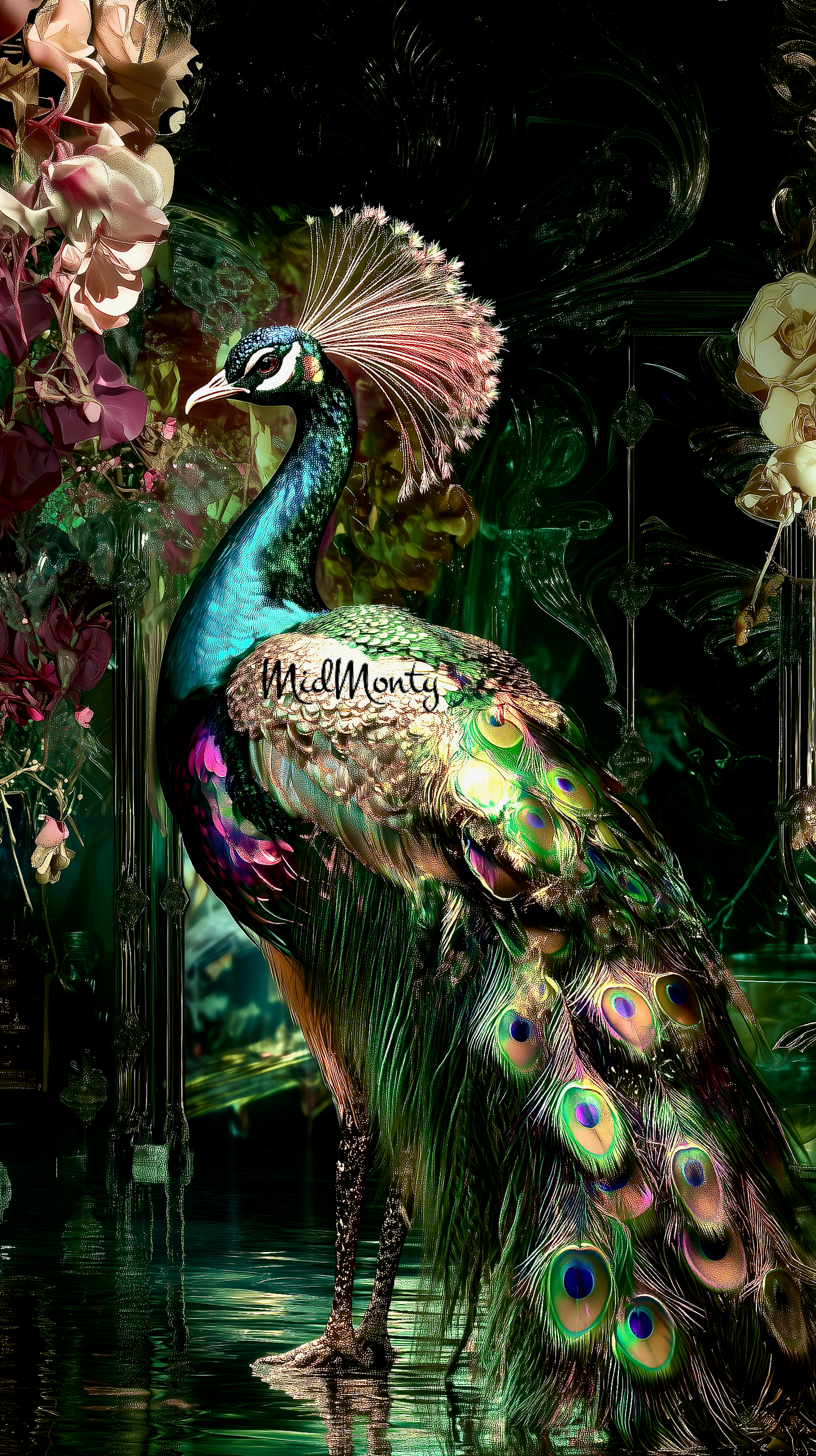 A stunning digital artwork of a peacock in a mystical garden setting. The peacock features vibrant iridescent blue-green plumage and its characteristic eye-spotted tail feathers in shades of green, blue, and purple. The bird stands gracefully beside dark water, surrounded by pink and cream-colored roses and ornate crystal-like structures.