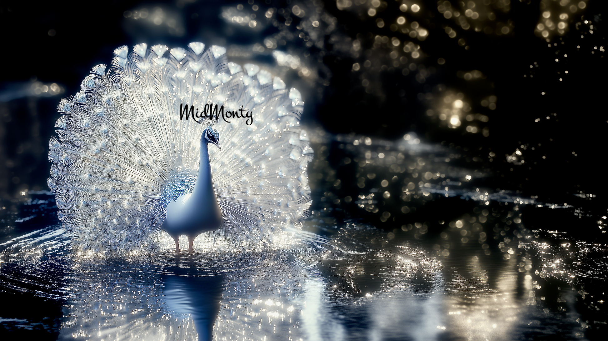 A luminescent white peacock displays its majestic plumage, creating a perfect mirror reflection on dark waters. The image captures the bird in stunning detail against a deep black background dotted with ethereal bokeh lights, creating a dreamlike atmosphere. The peacock's crystalline feathers appear to glow with an inner light, while its elegant pose and perfect symmetry through the reflection create a mesmerizing visual balance.