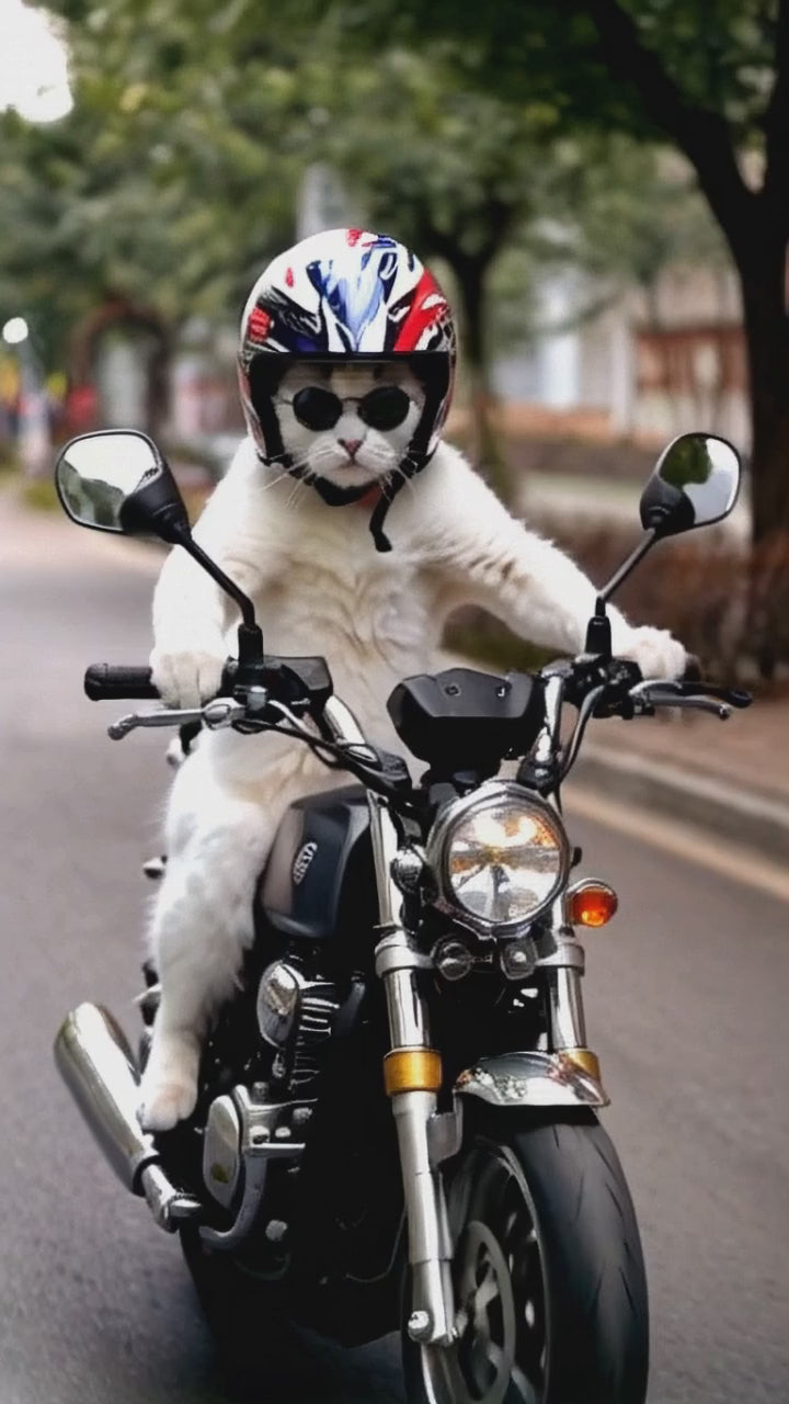 A white cat wearing sunglasses and a helmet rides a motorcycle on a street, creating a fun and humorous scene perfect for social media posts.