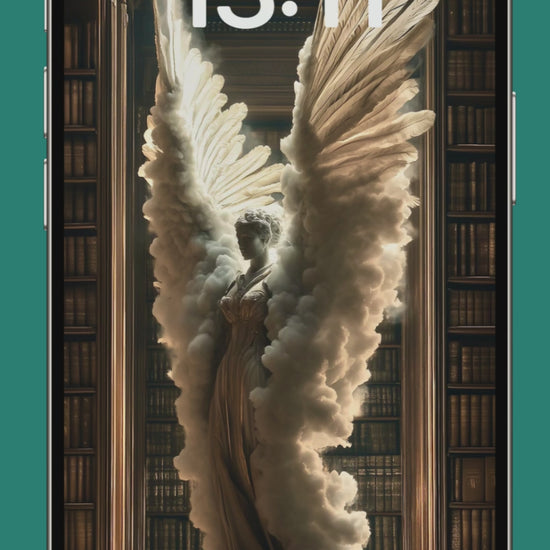 Renaissance Angel 4K Wallpaper preview showing iPhone with dramatic angel figure in classical library. Push notifications highlight product specs. 