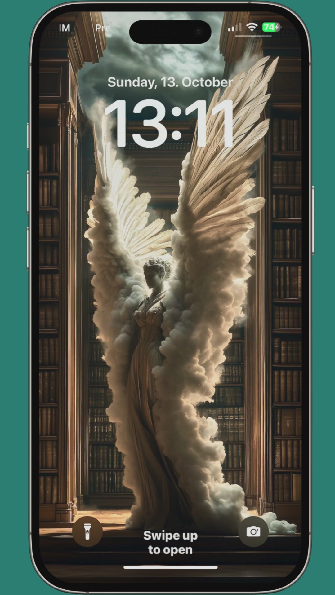 Renaissance Angel 4K Wallpaper preview showing iPhone with dramatic angel figure in classical library. Push notifications highlight product specs. 