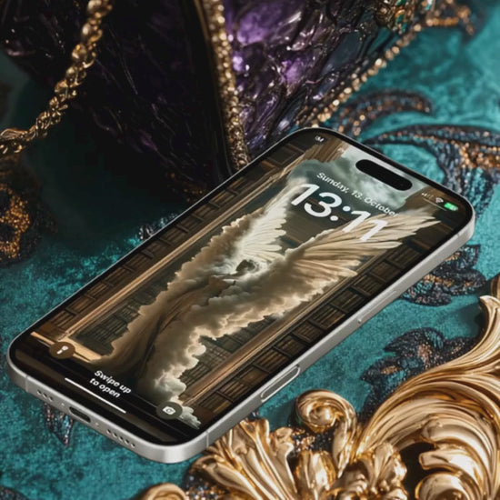 iPhone showing angel wallpaper displayed on luxurious baroque setting with turquoise velvet and gold ornaments. Close-up view of phone screen with Renaissance angel against amethyst crystal backdrop.