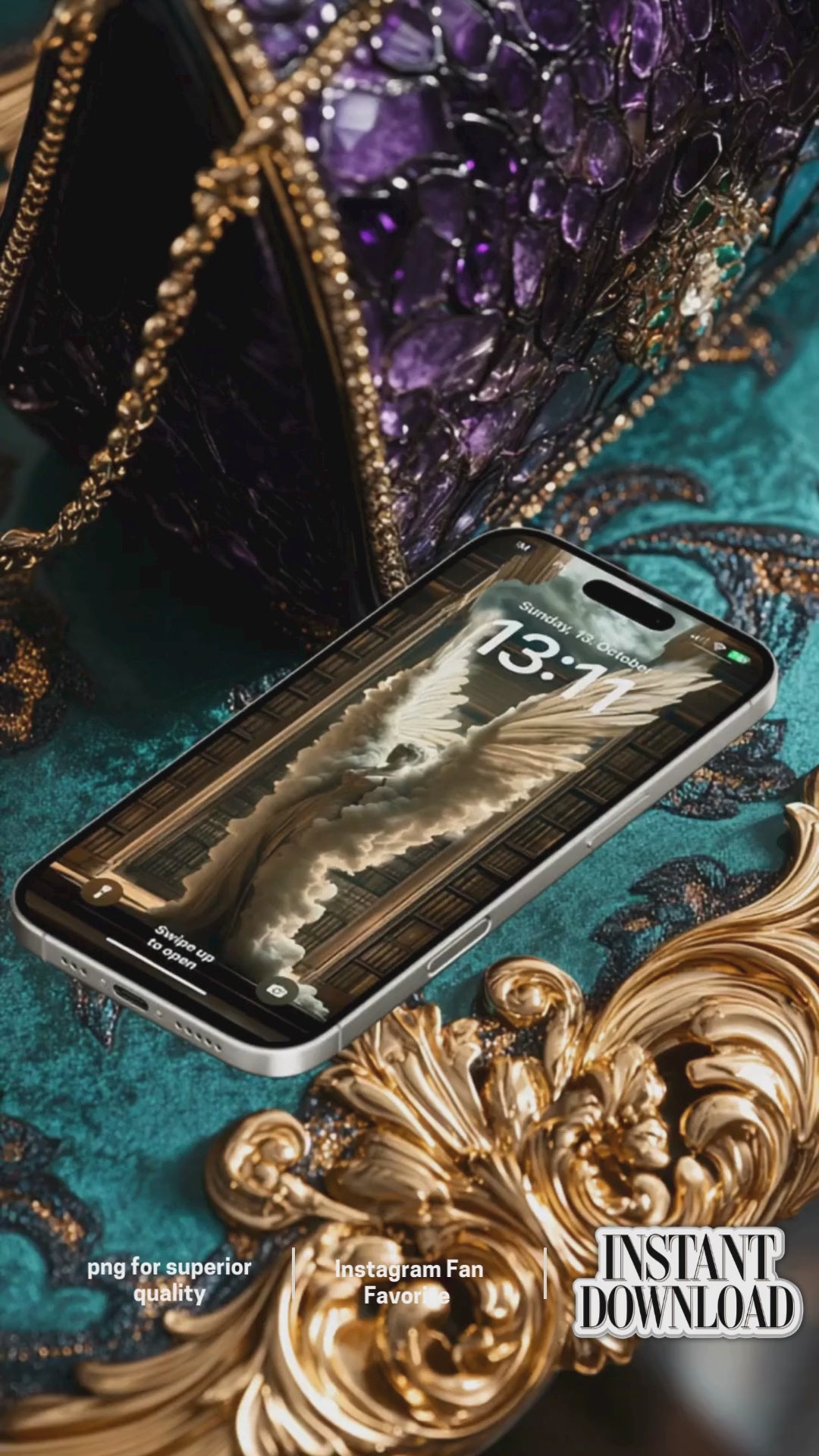 iPhone showing angel wallpaper displayed on luxurious baroque setting with turquoise velvet and gold ornaments. Close-up view of phone screen with Renaissance angel against amethyst crystal backdrop.