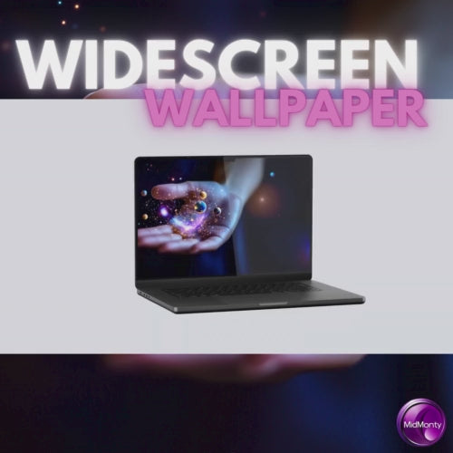 Promotional video showing Hand Galaxy wallpaper displayed on laptop screen with 'Widescreen Wallpaper' text, MidMonty logo