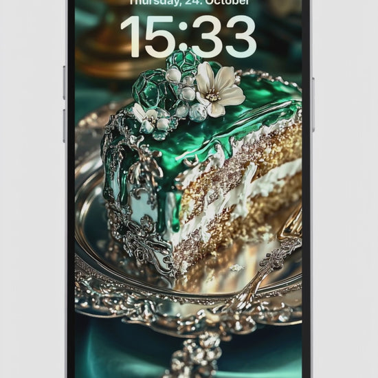 baroque slice of cake with emerald green glaze, gold shimmer and silver floral details on ornate plate – luxurious phone wallpaper
