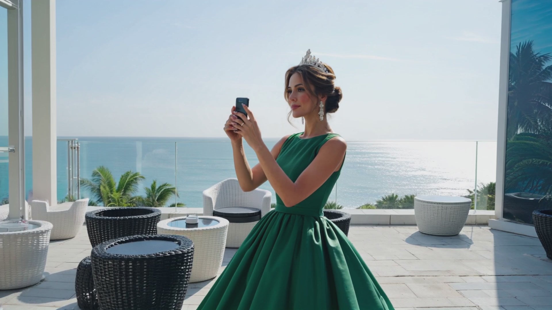 a woman makes a selfie at the Amalfi coast. The woman wears a tiara and an expensive dress. 