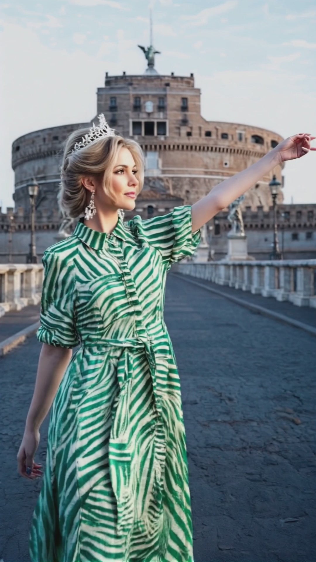 A woman with a tiara and a stylish dress walks around Rome. 