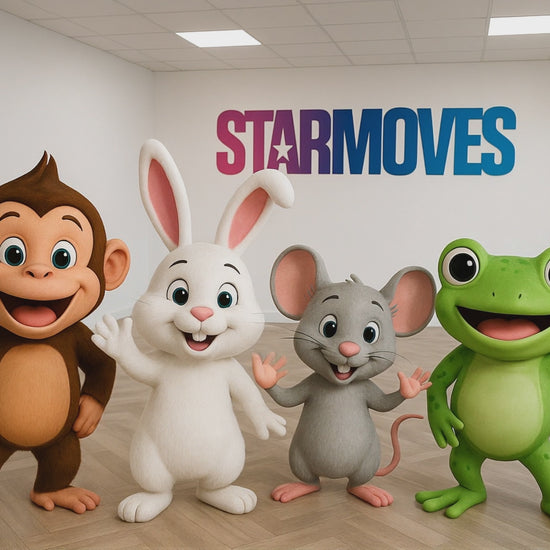 monkey, rabbit, mouse and frog in Pixar style dancing  in a dance studio with the starmoves logo. 