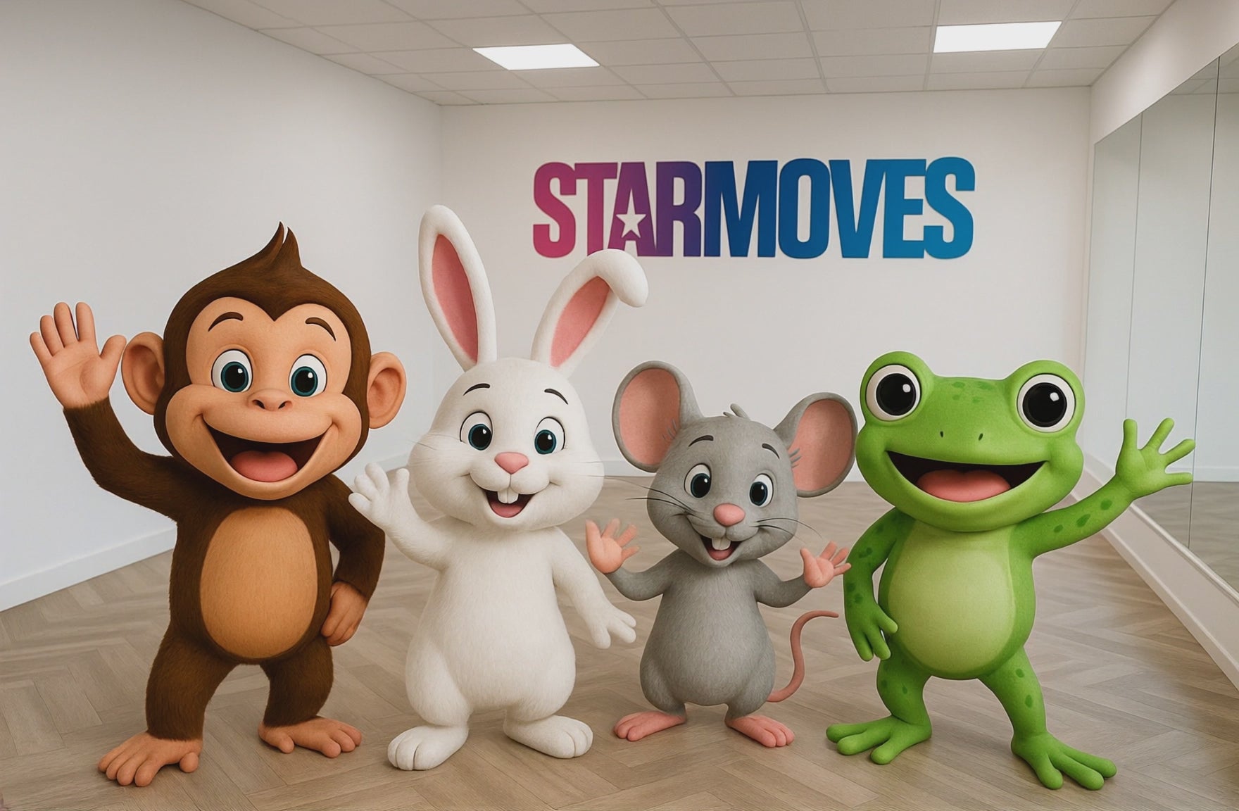 monkey, rabbit, mouse and frog in Pixar style dancing  in a dance studio with the starmoves logo. 