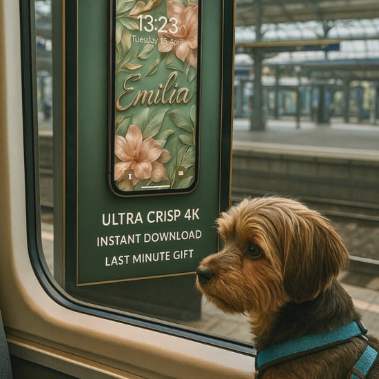 A little Yorkie dog looks out a train window. There is a display with a wallpaper for smartphones with the name Emilia. The train leaves the station. 