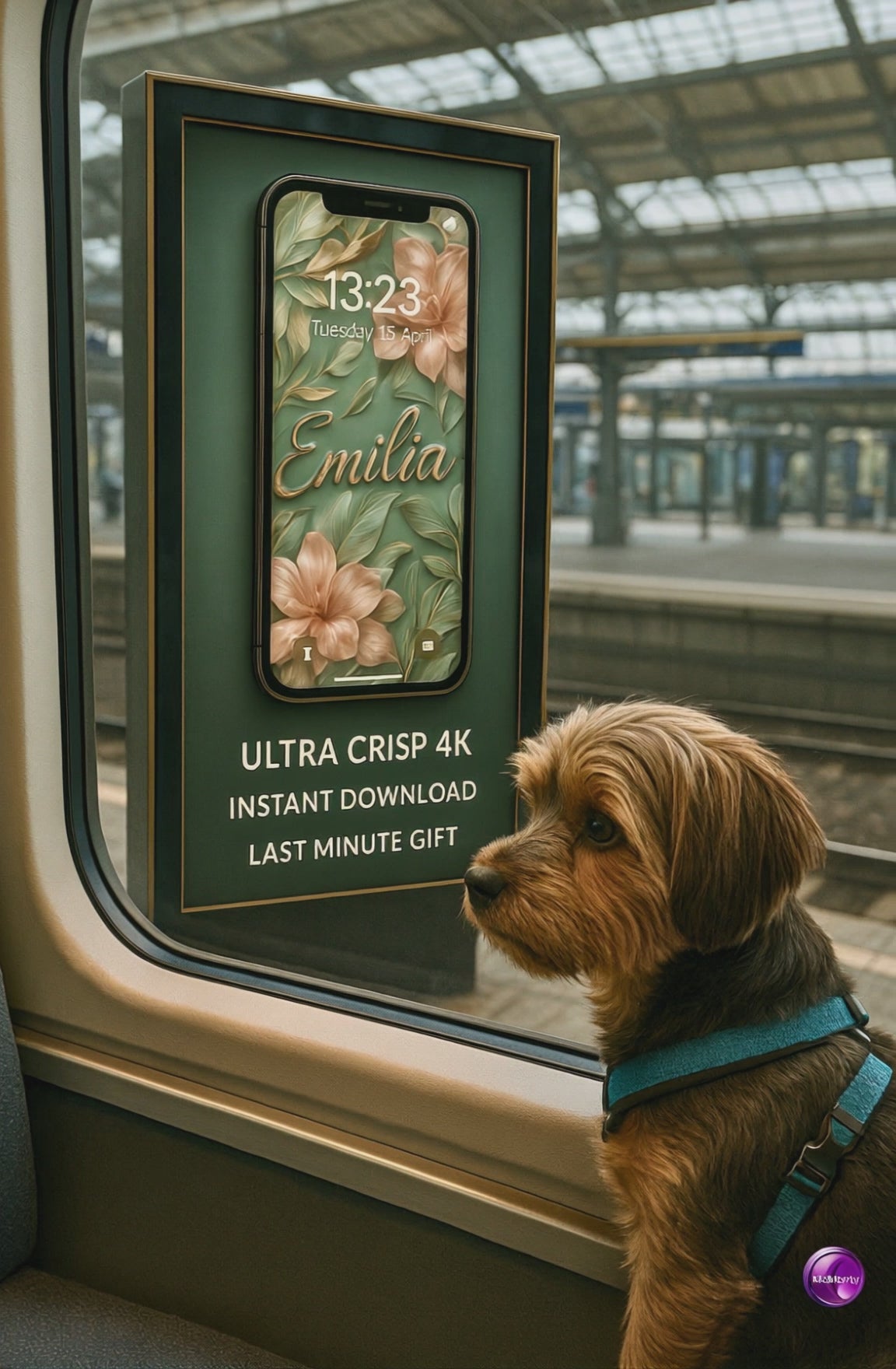 A little Yorkie dog looks out a train window. There is a display with a wallpaper for smartphones with the name Emilia. The train leaves the station. 
