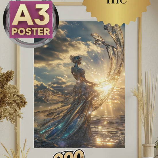 This premium A3 poster features an elegant woman in a radiant scene. Her shimmering gown reflects the golden rays of a dramatic sunset, blending seamlessly with flowing water. A celebration of the divine feminine, this 300 DPI printable artwork is perfect as a statement piece or thoughtful gift.