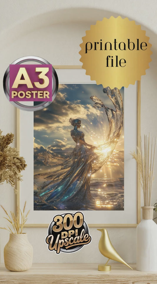 This premium A3 poster features an elegant woman in a radiant scene. Her shimmering gown reflects the golden rays of a dramatic sunset, blending seamlessly with flowing water. A celebration of the divine feminine, this 300 DPI printable artwork is perfect as a statement piece or thoughtful gift.