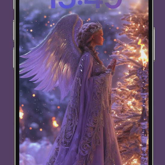 Smartphone mock up promo video  purple Christmas Angel with push notifications about the product details. PNG file, upscale