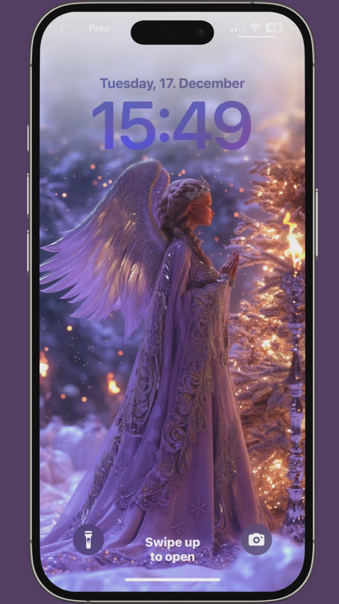 Smartphone mock up promo video  purple Christmas Angel with push notifications about the product details. PNG file, upscale