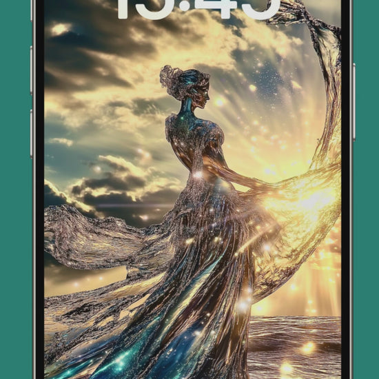 Smartphone displaying a crystalline Aphrodite figure wallpaper against a sunset ocean background. "Breaking News" Text alerts with product details 