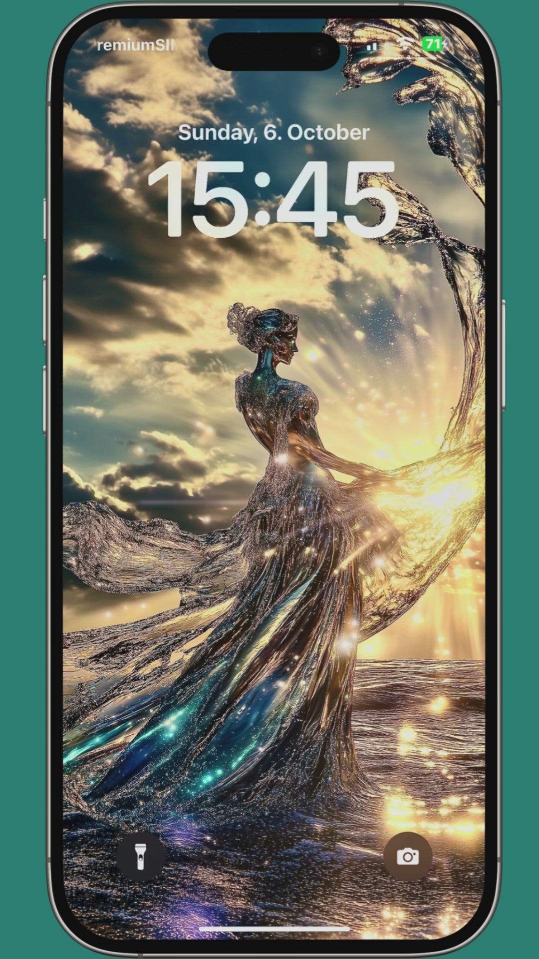 Smartphone displaying a crystalline Aphrodite figure wallpaper against a sunset ocean background. "Breaking News" Text alerts with product details 