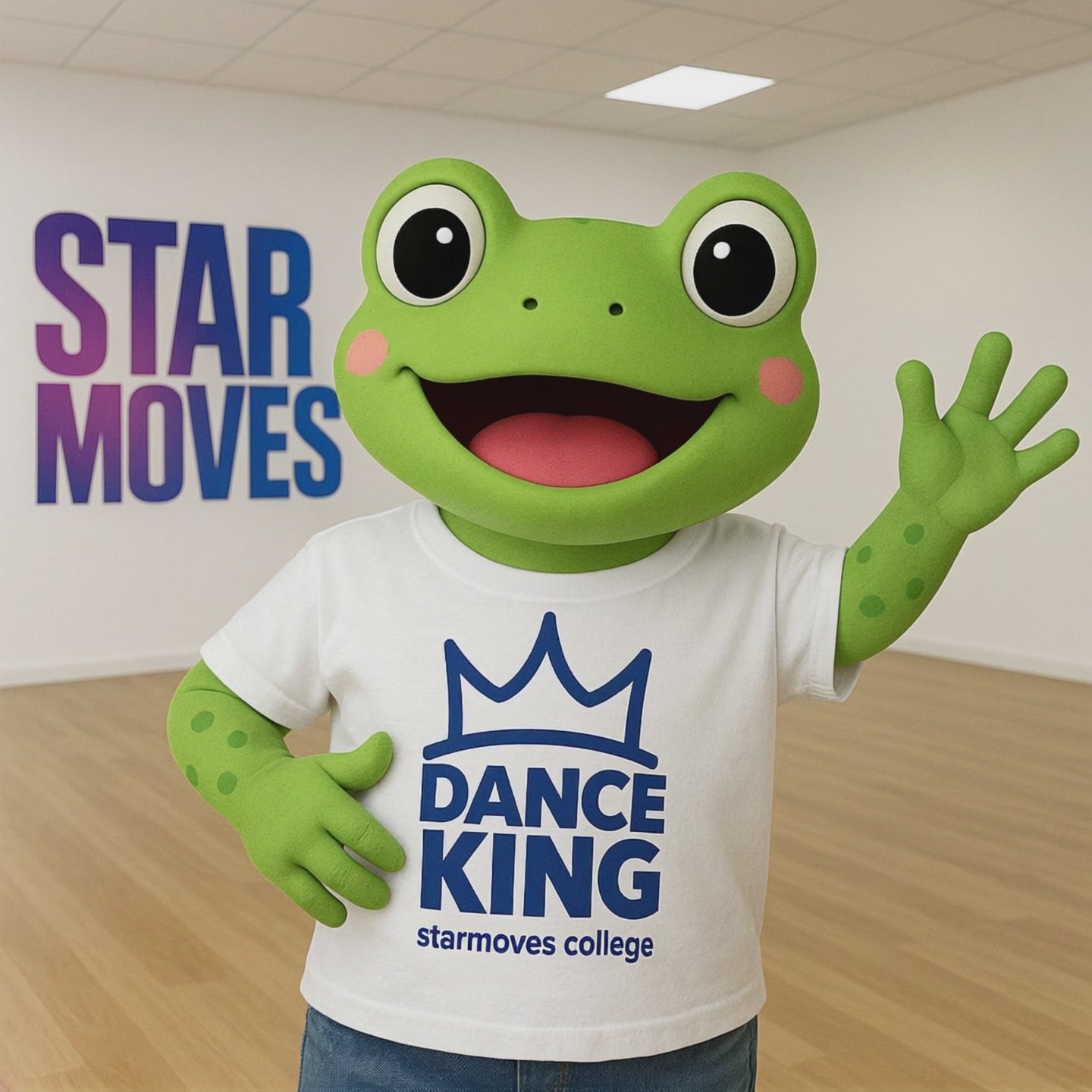 PIxar style frog is waving at the camera. Background: Starmoves logo. 