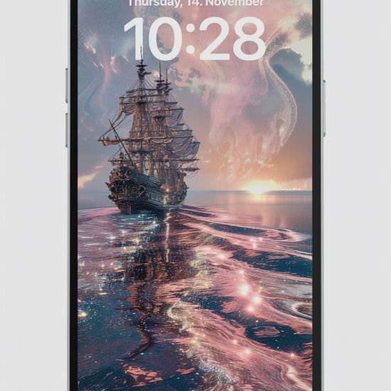 ornate baroque ship sailing at sunset through glowing pink and golden waves, with a sky of soft clouds and bioluminescent reflections