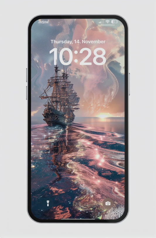 ornate baroque ship sailing at sunset through glowing pink and golden waves, with a sky of soft clouds and bioluminescent reflections