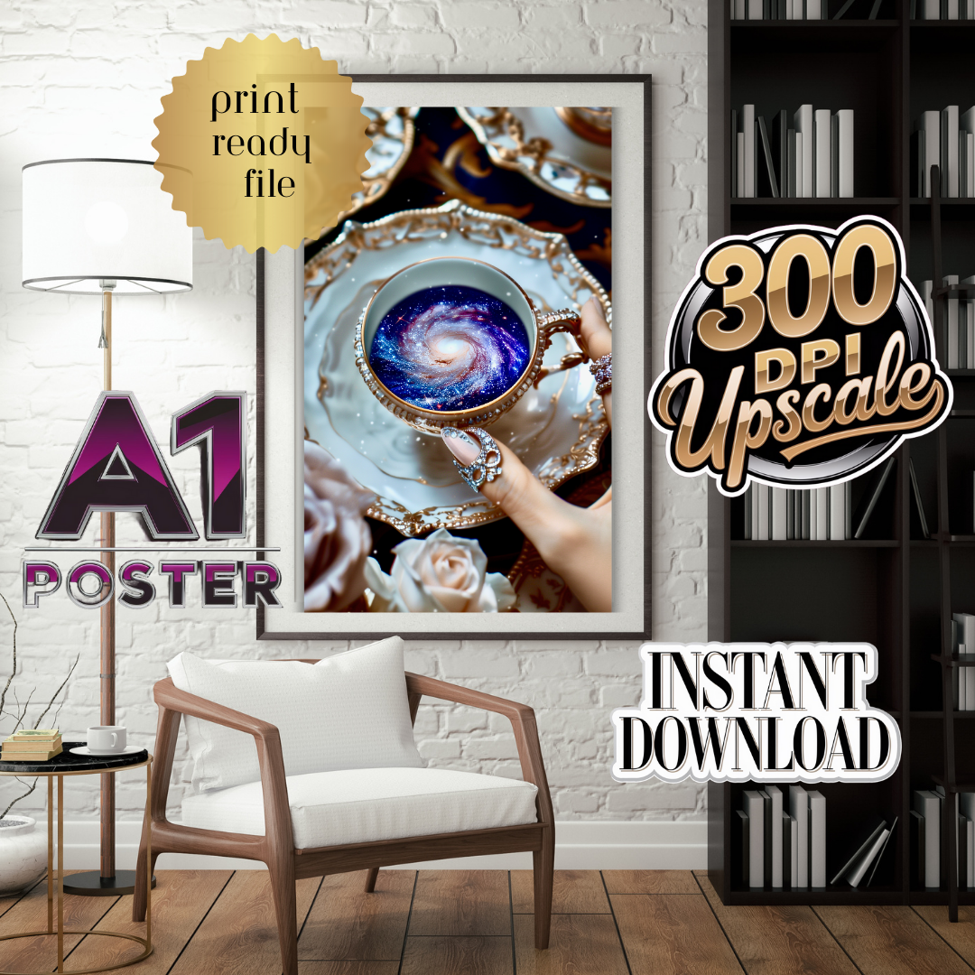 Luxurious rococo galaxy teacup A1 poster with 300 DPI upscale, print-ready file for instant download – perfect for sophisticated interior decor, featuring premium digital art.
