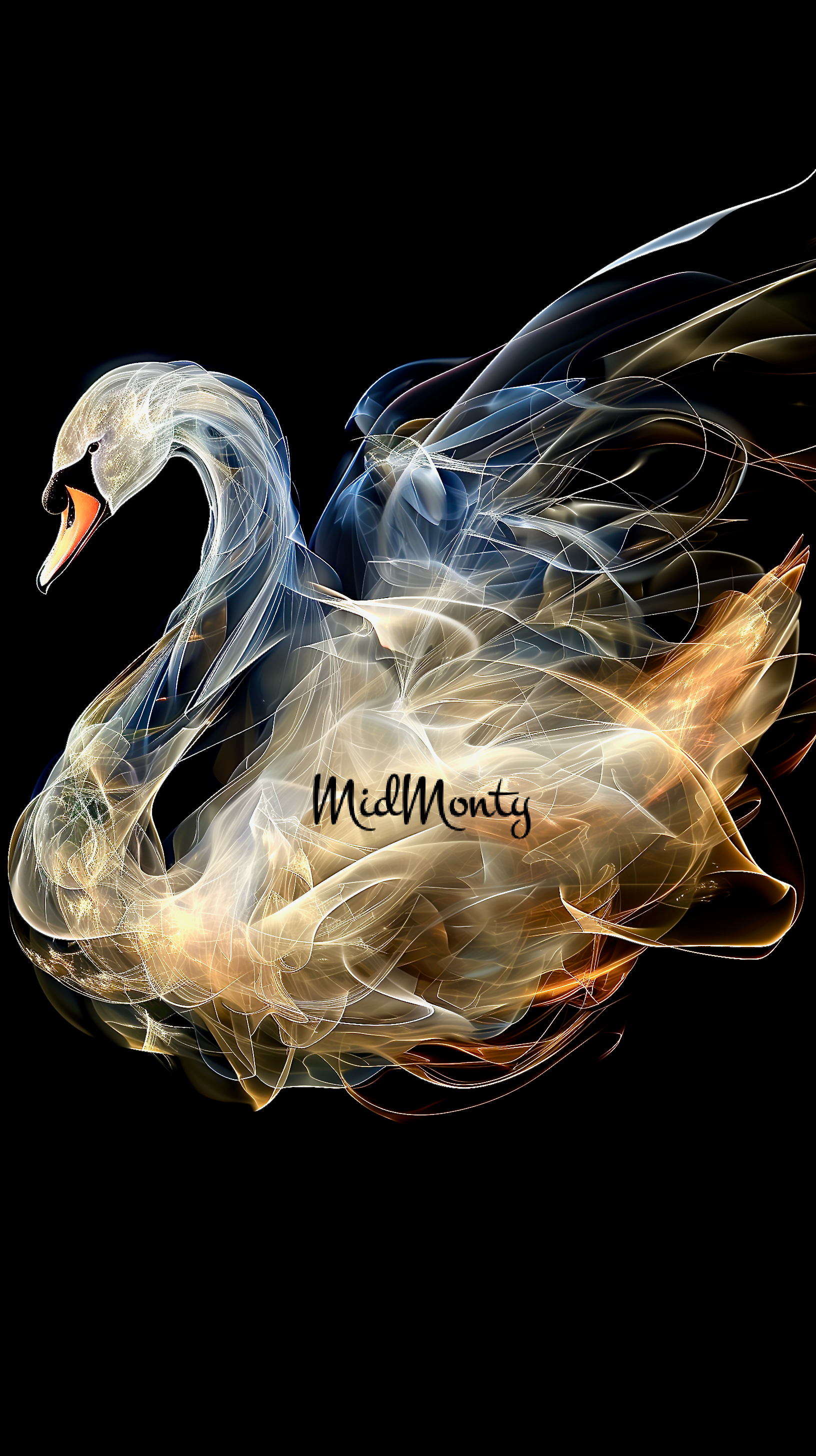 Stunning AI Art  featuring a luminous swan emerging from swirling light effects. Created in ethereal whites, blues, and warm golden accents against a dramatic black background. Available in multiple formats from HD mobile wallpapers to print-ready A1 posters. Created by MidMonty.