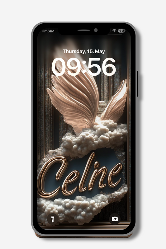 A smartphone displays a lock screen with the time "09:56" on "Thursday, 15. May". The wallpaper features the name "Celine" in elegant gold script surrounded by fluffy white clouds and abstract, wing-like shapes against a dark, textured background.
