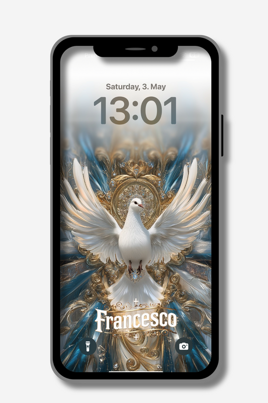 A phone screen displays a lock screen with "Saturday, 3. May" and the time "13:01". The wallpaper features a majestic white dove with outstretched wings, set against an ornate gold and blue backdrop. The name "Francesco" is written in an elegant white script below the dove.
