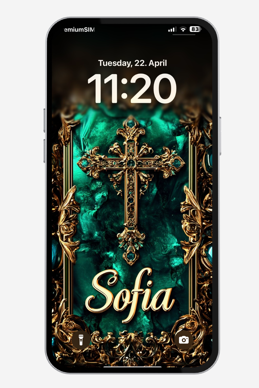 A smartphone screen displays a lock screen with a religious theme. The time is shown as 11:20 on Tuesday, April 22nd. The background features a vibrant teal and gold abstract design. A large, ornate gold cross, embellished with small blue jewels, is centrally positioned. Below the cross, the name 'Sofia' is written in elegant, cursive gold lettering. 