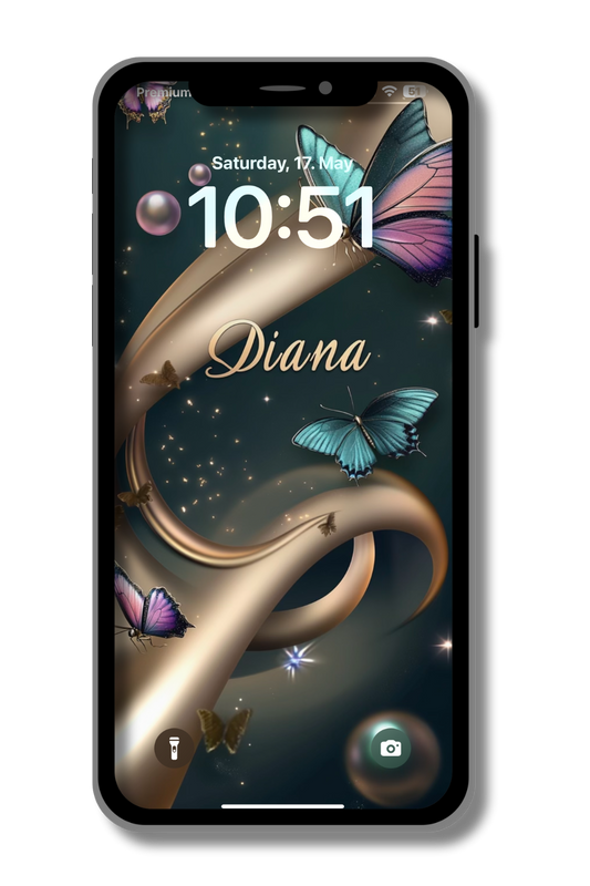 A phone displays a dark teal and gold wallpaper with the name "Diana" in elegant gold script. Several butterflies in shades of blue, purple, and gold flutter around a swirling golden ribbon and sparkling accents. The time reads "10:51" and the date is "Saturday, 17. May."