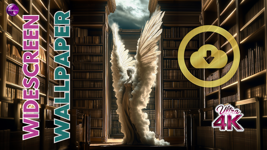 Widescreen Wallpaper Ultra 4K - Mystical Angel in Classical Library with Golden Download Icon - Digital Art with Book Shelves Background